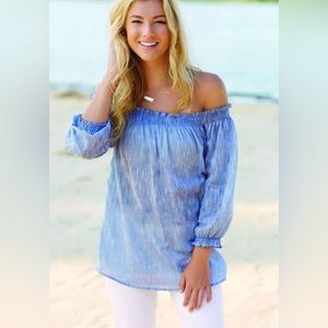 MUD PIE Foster Off The Shoulder Lightweight 3/4 Sleeve Slub Chambray Top Sz S
